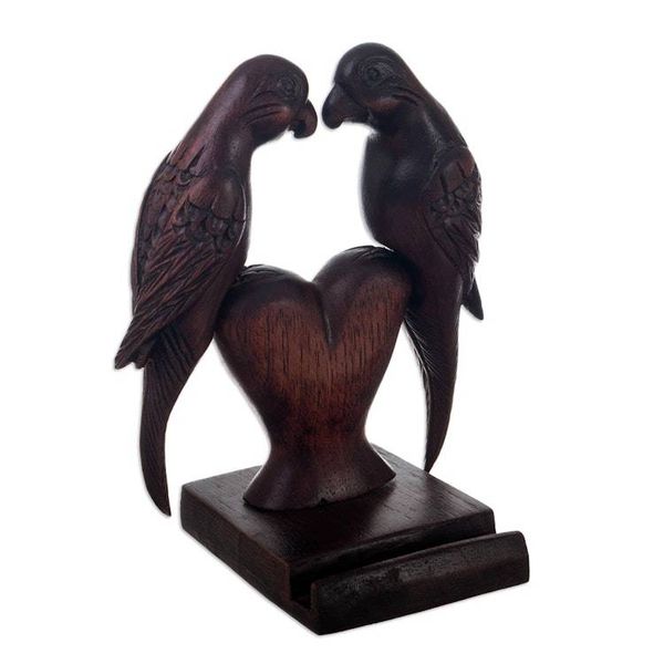 Alternate image for Hand-Carved Cedar Wood Phone Holder of Cockatoos in Love Loving Cockatoos