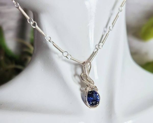 Alternate image for Blue Sapphire Sterling Silver Wire Wrapped Necklace