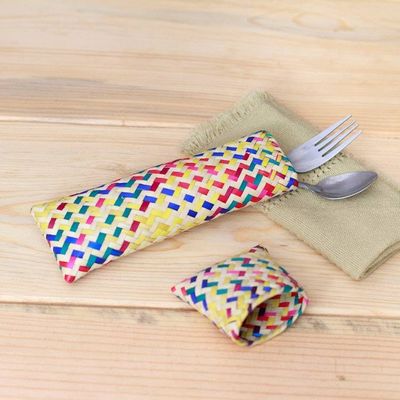 Primary image for Multicolored Hand-Woven Palm Fiber Utensil Holder with Lid Color Burst