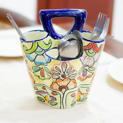 Primary image for Multicolored Three-Sectioned Silverware Holder from Mexico Yellow Colonial Cutlery