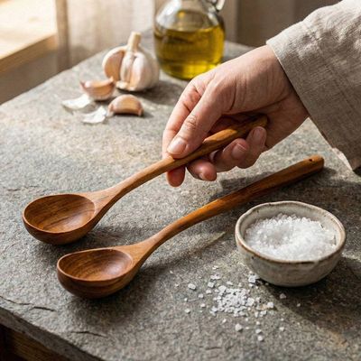 Alternate image for 2 Wood Serving and Cooking Spoons Handmade in Thailand Kitchen Delights