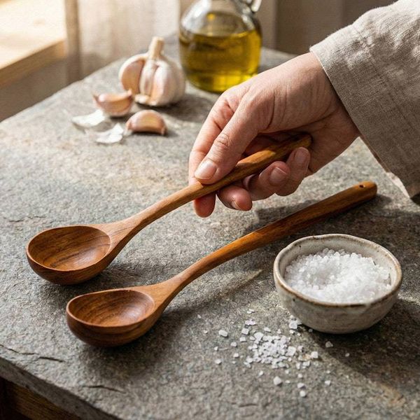 Alternate image for 2 Wood Serving and Cooking Spoons Handmade in Thailand Kitchen Delights