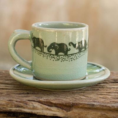 Alternate image for Green Celadon Elephant Espresso Cup and Saucer Prancing Elephants
