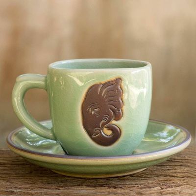 Alternate image for Green Celadon Elephant Cup and Saucer Set from Thailand Green Thai Elephant