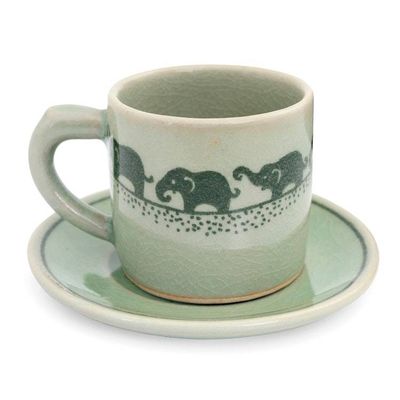 Alternate image for Green Celadon Elephant Espresso Cup and Saucer Prancing Elephants