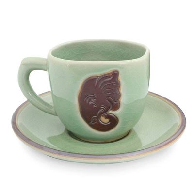 Alternate image for Green Celadon Elephant Cup and Saucer Set from Thailand Green Thai Elephant