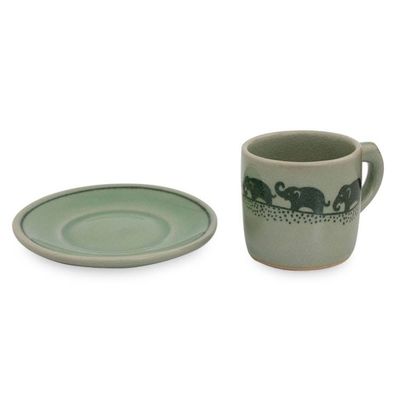 Alternate image for Green Celadon Elephant Espresso Cup and Saucer Prancing Elephants