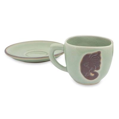 Alternate image for Green Celadon Elephant Cup and Saucer Set from Thailand Green Thai Elephant