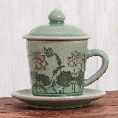 Alternate image for Celadon Glazed Ceramic Floral Cup and Saucer from Thailand Lanna Luxury