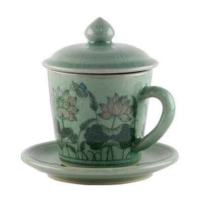 Alternate image for Celadon Glazed Ceramic Floral Cup and Saucer from Thailand Lanna Luxury