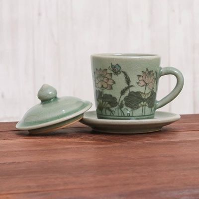 Alternate image for Celadon Glazed Ceramic Floral Cup and Saucer from Thailand Lanna Luxury