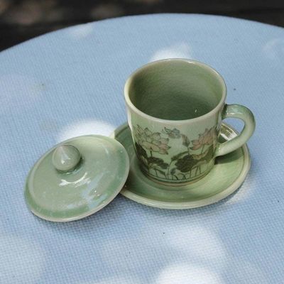 Alternate image for Celadon Glazed Ceramic Floral Cup and Saucer from Thailand Lanna Luxury