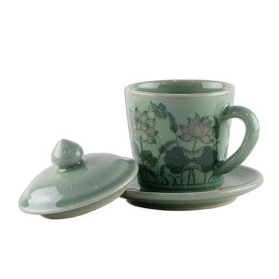 Alternate image for Celadon Glazed Ceramic Floral Cup and Saucer from Thailand Lanna Luxury