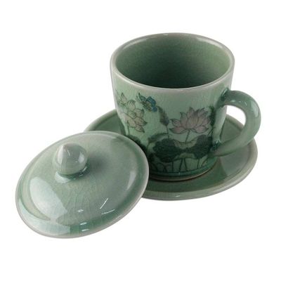 Alternate image for Celadon Glazed Ceramic Floral Cup and Saucer from Thailand Lanna Luxury