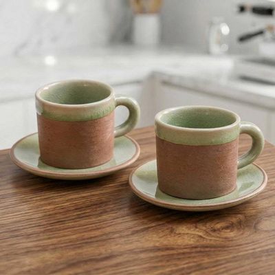 Alternate image for Celadon Un-Glazed Ceramic Demitasse Cup Saucer 4-Piece Set Espresso