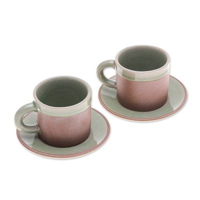 Alternate image for Celadon Un-Glazed Ceramic Demitasse Cup Saucer 4-Piece Set Espresso