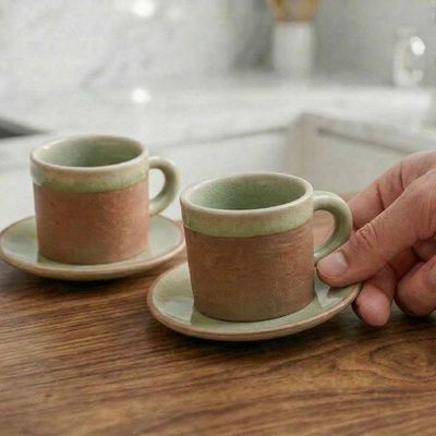 Alternate image for Celadon Un-Glazed Ceramic Demitasse Cup Saucer 4-Piece Set Espresso