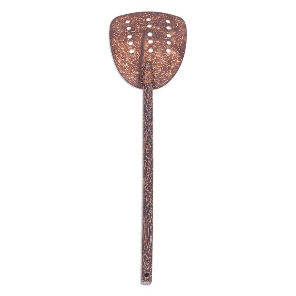 Handcrafted Coconut Shell and Wood Slotted Spatula with Dots 'Cooking Dots'