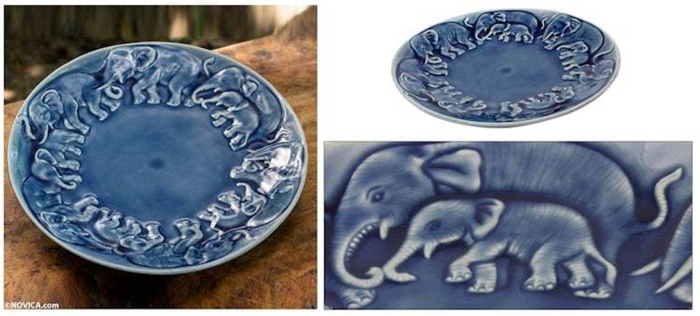 Celadon Ceramic Plate from Thailand 'Blue Elephant Herd'