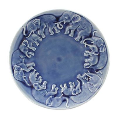 Alternate image for Celadon Ceramic Plate from Thailand Blue Elephant Herd