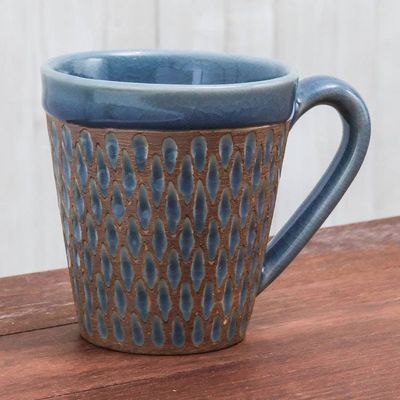Alternate image for Handcrafted Blue Incised Celadon Ceramic Mug Ginger Blue Honeycomb