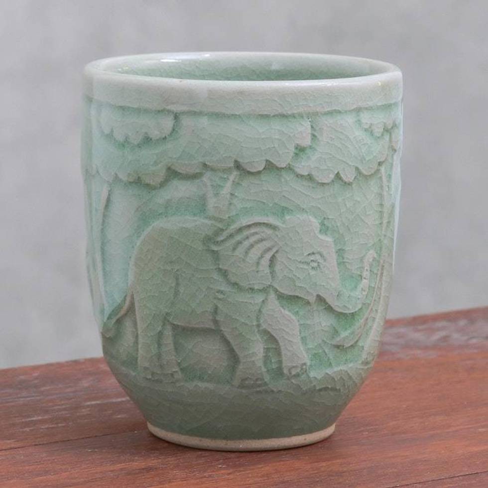 Elephant-Themed Celadon Ceramic Teacup from Thailand 'Elephant Forest'