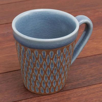 Alternate image for Handcrafted Blue Incised Celadon Ceramic Mug Ginger Blue Honeycomb