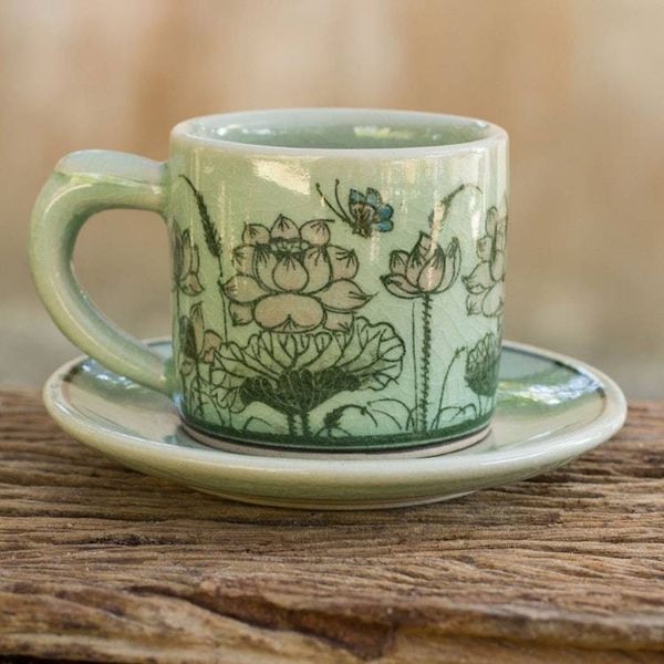 Alternate image for Thai Celadon Espresso Cup and Saucer Set Pink Lotus Butterflies