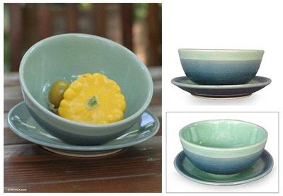 Alternate image for Celadon ceramic bowl and plate Marine
