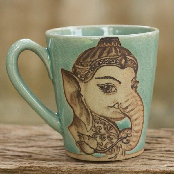 Alternate image for Aqua Celadon Ceramic Mug with Handpainted Ganesh Baby Ganesh