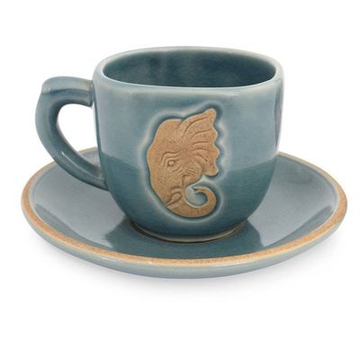 Alternate image for Thai Blue Celadon Elephant Cup and Saucer Set Blue Thai Elephant
