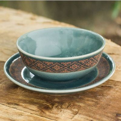 Alternate image for Ceramic Bowl and Plate Set with Blue Glaze from Thailand Thai Weave Inspiration