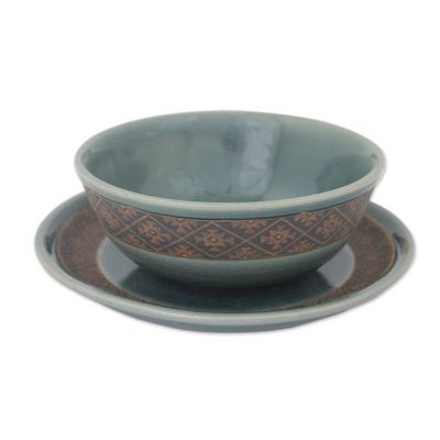 Alternate image for Ceramic Bowl and Plate Set with Blue Glaze from Thailand Thai Weave Inspiration