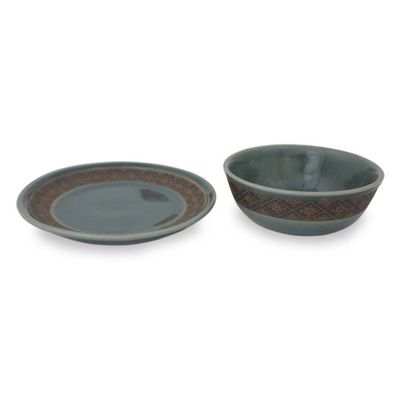 Alternate image for Ceramic Bowl and Plate Set with Blue Glaze from Thailand Thai Weave Inspiration