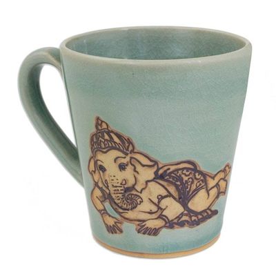 Alternate image for Light Blue Celadon Ceramic Resting Ganesha Mug from Thailand Resting Ganesha