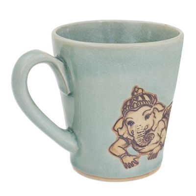 Alternate image for Light Blue Celadon Ceramic Resting Ganesha Mug from Thailand Resting Ganesha