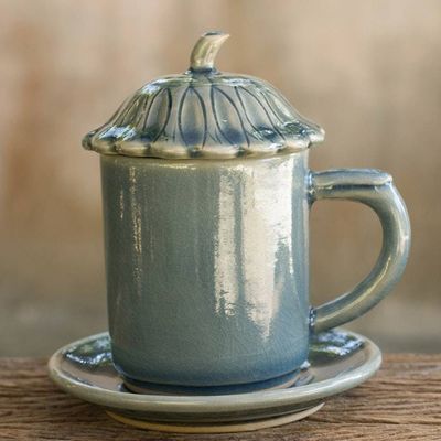 Alternate image for Blue Celadon Ceramic Covered Cup and Saucer from Thailand Blue Lotus Leaf