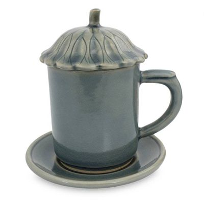 Alternate image for Blue Celadon Ceramic Covered Cup and Saucer from Thailand Blue Lotus Leaf