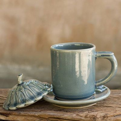 Alternate image for Blue Celadon Ceramic Covered Cup and Saucer from Thailand Blue Lotus Leaf
