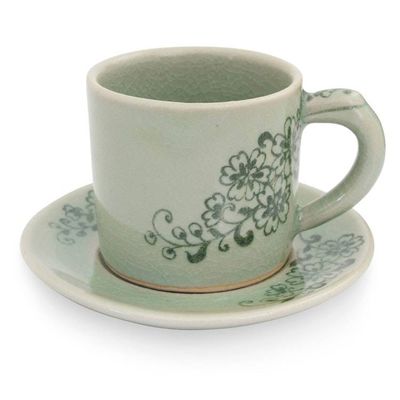 Alternate image for Hand Painted Green Celadon Espresso Cup and Saucer Jade Blossoms
