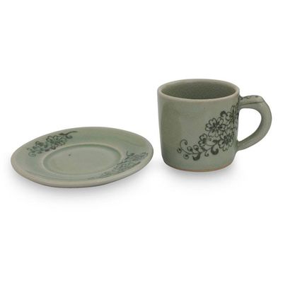 Alternate image for Hand Painted Green Celadon Espresso Cup and Saucer Jade Blossoms