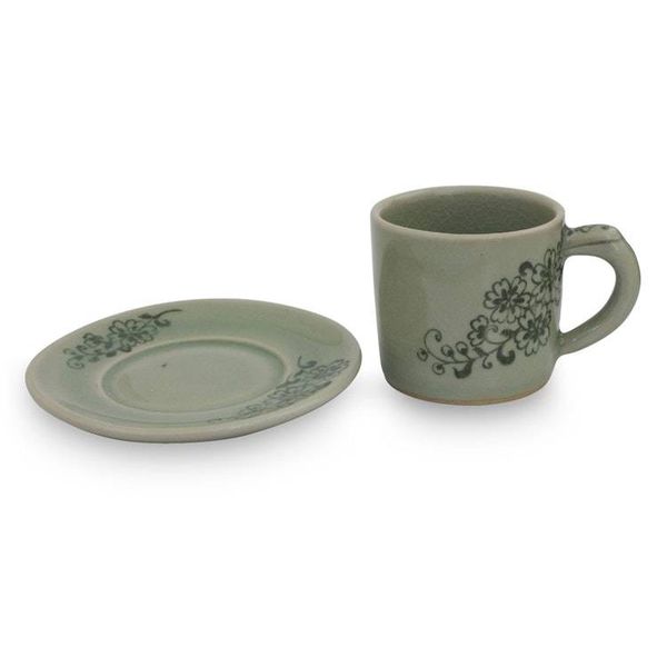 Alternate image for Hand Painted Green Celadon Espresso Cup and Saucer Jade Blossoms