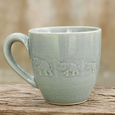 Alternate image for Light Blue Elephant Theme Celadon Ceramic Mug Blue Elephant Walk