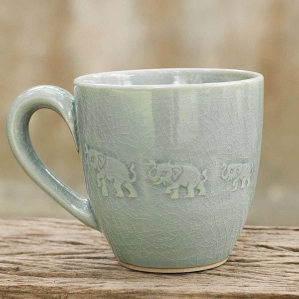 Alternate image for Light Blue Elephant Theme Celadon Ceramic Mug Blue Elephant Walk