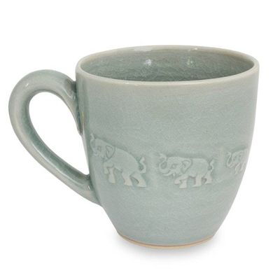 Alternate image for Light Blue Elephant Theme Celadon Ceramic Mug Blue Elephant Walk