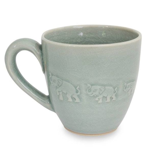 Alternate image for Light Blue Elephant Theme Celadon Ceramic Mug Blue Elephant Walk