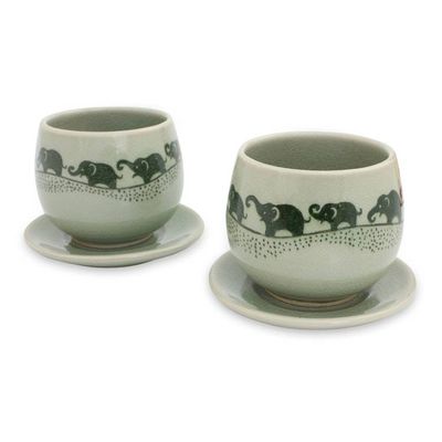 Alternate image for Green Celadon Elephant Teacups and Saucers Set for 2 Prancing Elephants