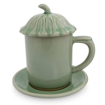 Alternate image for Thai Green Celadon Ceramic Covered Cup and Saucer Green Lotus Leaf