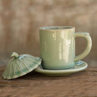 Alternate image for Thai Green Celadon Ceramic Covered Cup and Saucer Green Lotus Leaf