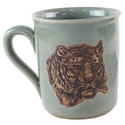 Alternate image for Hand Painted Celadon Ceramic Tiger Mug from Thailand Tigers Taste